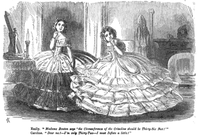 Inflatable crinolines. Caricature, Punch, January 1857.