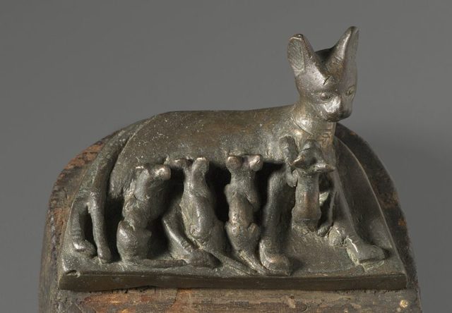 Cat with Kittens, c. 664-30 BC or later. Bronze, wood.