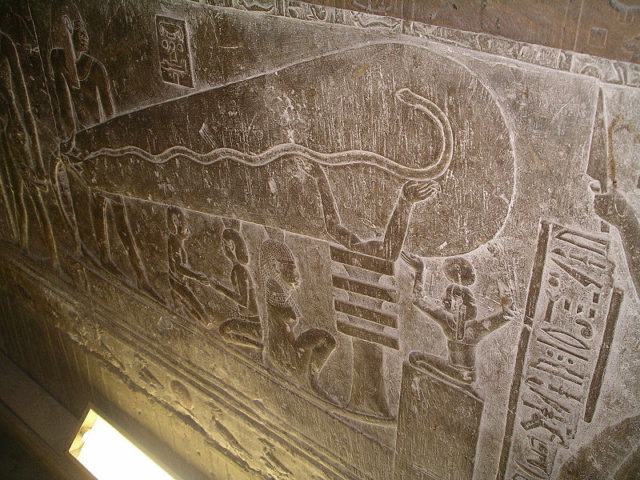 The “Dendera light”, showing the single representation on the left wall of the right wing in one of the crypts Photo Credit