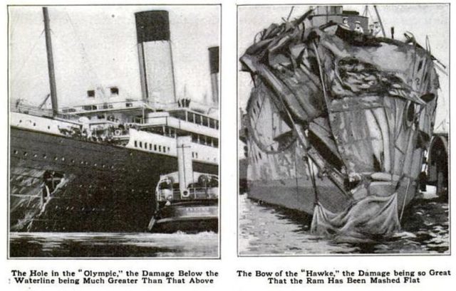 Depiction of the damage  caused by the collision between RMS Olympic of White Star Line and the British warship HMS Hawk