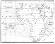 A map of ocean currents of the oceans around Africa (1799), written by Rennell, from his book The Geographical System of Herodotus. The Niger River flows eastwards to form a lake in the area of the Wangara, south of which are the Mountains of the Moon