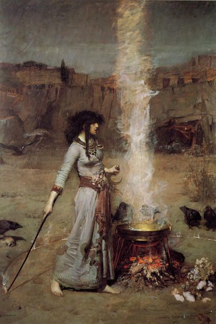 Witchcraft symbolism is imminent in The Magic Circle”(c. 1886). Waterhouse emphasized close detail on several metaphoric elements, the stature of the figure, the background, and the Ouroboros around the woman’s neck