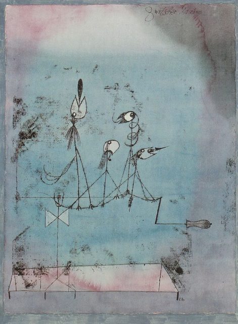 Klee’s “Die Zwitscher-Maschine” (Twittering Machine), 1922 watercolor and pen and ink oil technique on paper. Originally displayed in Germany, the image was declared “degenerate art” by the Nazis in 1933 and sold by the Nazi Party to an art dealer in 1939, whence it made its way to New York