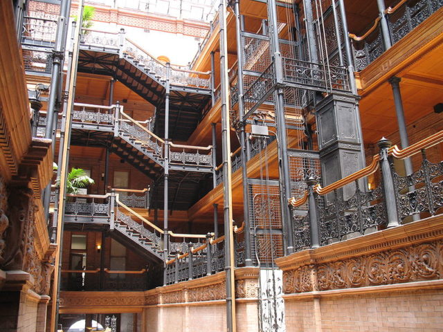 Staircases and atrium interior of the Bradbury Building, Downtown Los Angeles. Where parts of “Blade Runner” were filmed. Photo Credit