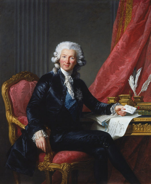 Charles-Alexandre de Calonne by Élisabeth-Louise Vigée-Le Brun (1784), London, Royal Collection. The Vicomte de Calonne is shown wearing a powdered wig; the powder that has fallen from the wig is visible on his shoulders.