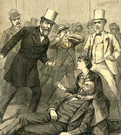 Contemporary depiction of the Garfield assassination. Secretary of State James G. Blaine stands at right
