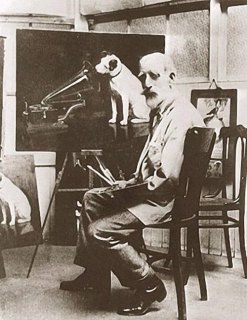 Francis Barraud painting Nipper. In Liverpool, Barraud noticed how Nipper often curiously examined the phonograph (the cylinder record player) that they had at home. The little dog was puzzled by where the voice came from, and Barraud found it very amusing.