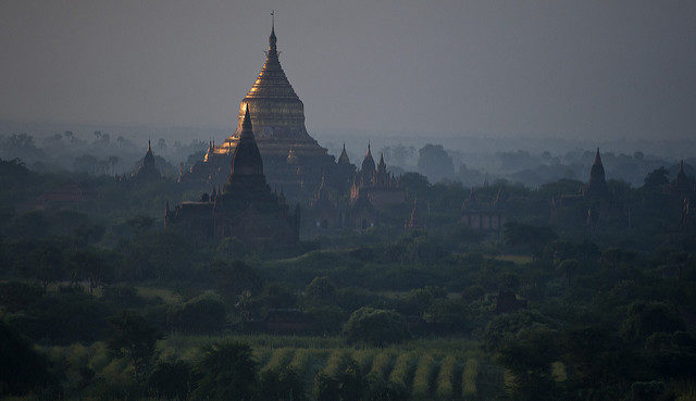 Dhammayazika Pagoda – circular Buddhist temple built in 1196 during the reign of King Narapatisithu, located in the village of Pwasaw east of Bagan in Burma Photo Credit