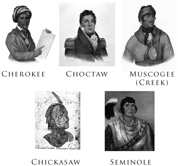 Gallery of the Five Civilized Tribes: Sequoyah (Cherokee), Pushmataha (Choctaw), Selocta (Muscogee/Creek), a “Characteristic Chicasaw Head”, and Osceola (Seminole). The portraits were drawn or painted between 1775 and 1850.