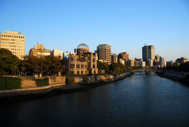 Photo of the Ganbaku Dome taken from the “T” shaped Aioi bridge, the original target of the atomic bomb. photo credit