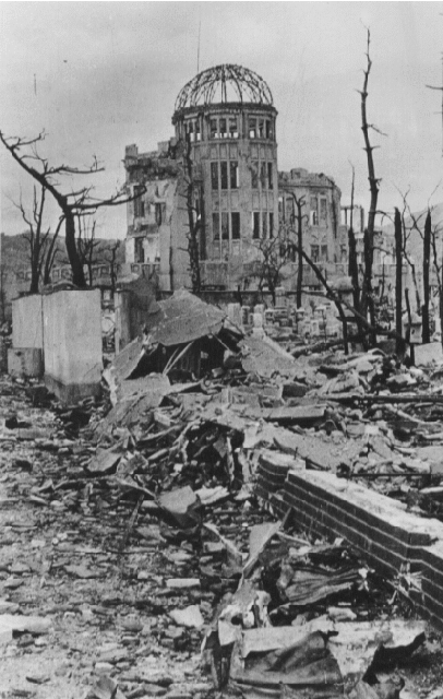 The Genbaku Dome amidst the devastation in October 1945. Photograph by Shigeo Hayashi