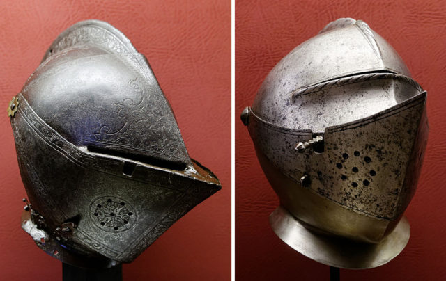 Left – Burgonet. Photo Credit Right – Closed helmet, ca. 1530–40  Photo Credit