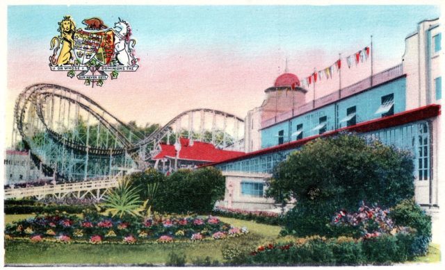Postcard image of the Cyclone, next to the Crystal Ball Room, 1930s