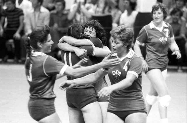 The German Democratic Republic handball national team of women celebrating success at the 22nd Olympic Games (1980). Photo credit 