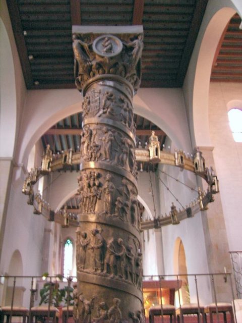The column in the cathedral, with the Hezilo chandelier in the background   Photo Credit