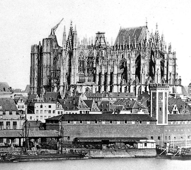 Unfinished cathedral with a 15th-century crane on the south tower, 1856 Photo Credit