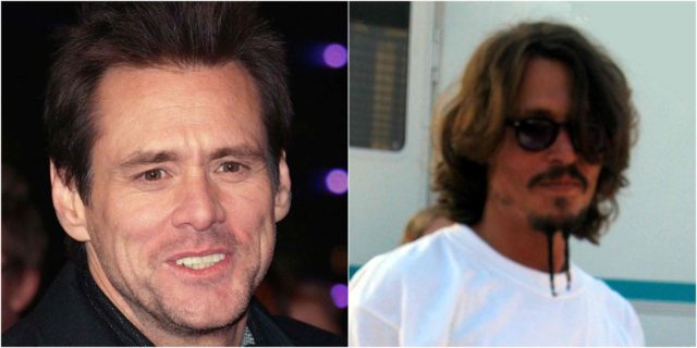 Left: Jim Carrey, Yesman premiere Photo Credit Right: Johnny Depp during filming, sporting Jack’s ‘goatee’ applied in makeup. Photo Credit