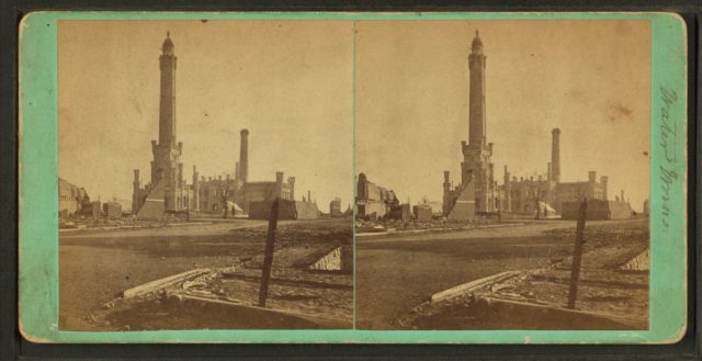 The Chicago Water Tower after the Chicago Fire, 1847.