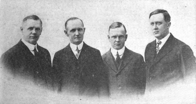 Founders of the Harley-Davidson Motor Company – William A. Davidson, Vice President and Works Manager; Walter Davidson, President, and General Manager; Arthur Davidson, Secretary and Sales Manager; William S. Harley, Treasurer, and Chief Engineer. December 1920