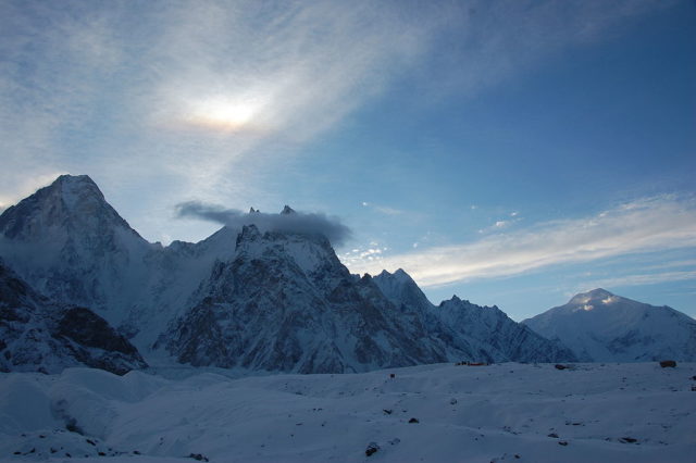 From left to right: Gasherbrum IV, Gasherbrum VII (with “Twins,” behind clouds), Gasherbrum VI (the higher of the two “little” peaks right from center) and Baltoro Kangri. Photo credit