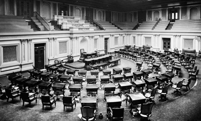 The US Senate Chamber in 1873. One of these desks will eventually become everyone’s favorite destination during breaks.