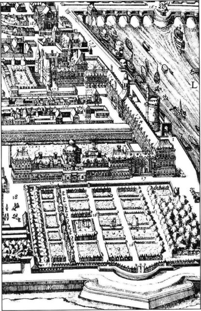 The Tuileries Garden in 1615, where the Grand Basin is now located. The covered promenade can be seen, as can the riding school established by Catherine.