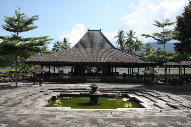 The Pendopo (pavilion) and the pool of Karmawibhangga Museum near Borobudur. Pendopo is a traditional Javanese style of open pavilion with a joglo roof. Photo Credit