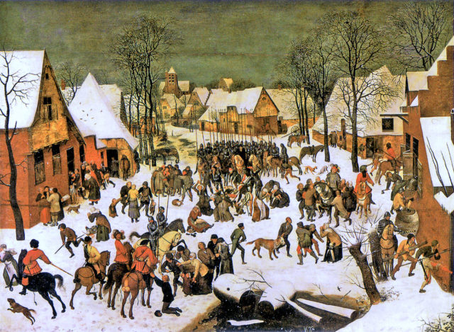 “Massacre of the Innocents” (c.1565). Several oil-on-oak-panel versions of this were painted by Bruegel and his son.