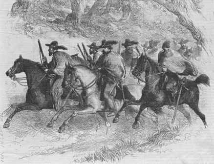 An early depiction of a group of Texas Rangers, c. 1845.