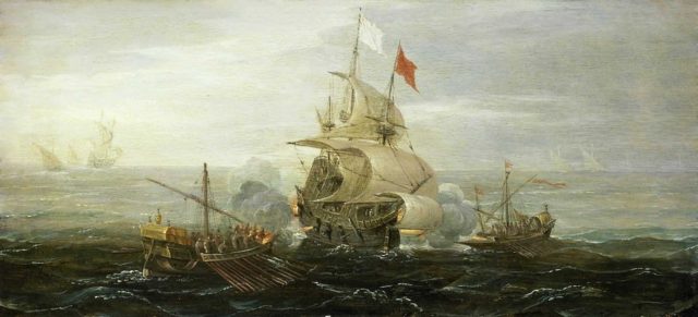 A French Ship and Barbary Pirates by Aert Anthonisz., c. 1615.