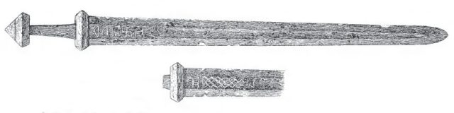 Drawing by George Stephens of the Sæbø sword and detail of inlaid decoration on the reverse.