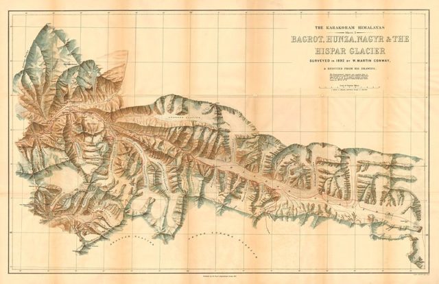 Conway’s Karakoram map showing the environs of the Hispar Glacier, based on his 1892 survey
