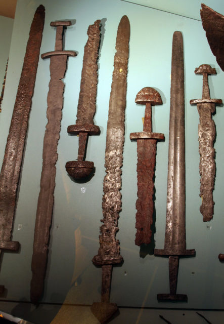 Swords from the Viking age, found in Sæbø, Hoprekstad, Vik i Sogn, Sogn og Fjordane county, Norway. Exhibited at Bergen Museum. Photo Credit