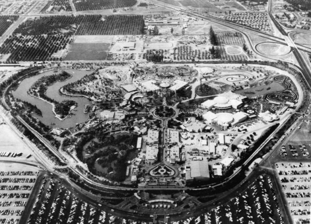 An aerial view of Disneyland in 1956, with the Disneyland Railroad route visible