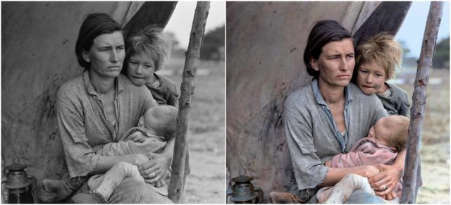 Migrant Mother, Great Depression. Original Photo: Dorothea Lange LOC. Colorized by Marina Amaral