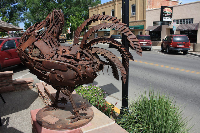 A whimsical metal sculpture next to the Aspen Street Coffee House in Fruita, Colorado. Photo Credit
