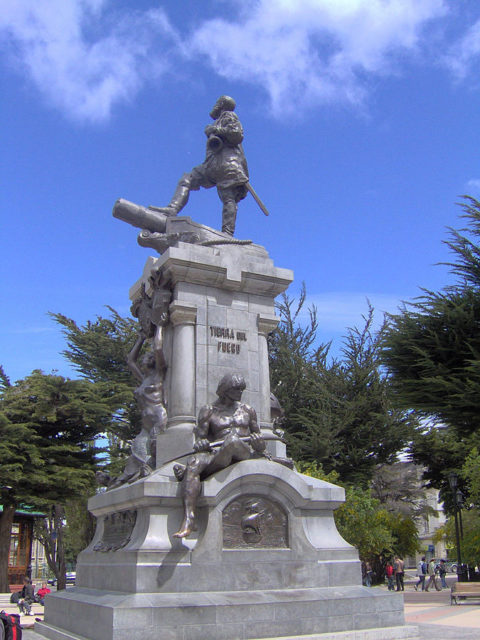 Monument of Ferdinand Magellan in Punta Arenas in Chile. The statue looks toward the Strait of Magellan.