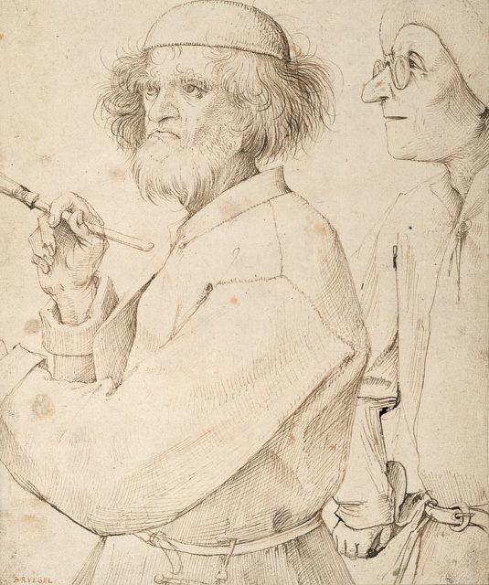 Pieter Bruegel (Brueghel) the Elder (left) lived from c. 1525-1530 to September 9, 1569 —”The Painter and the Buyer,” c. 1566.