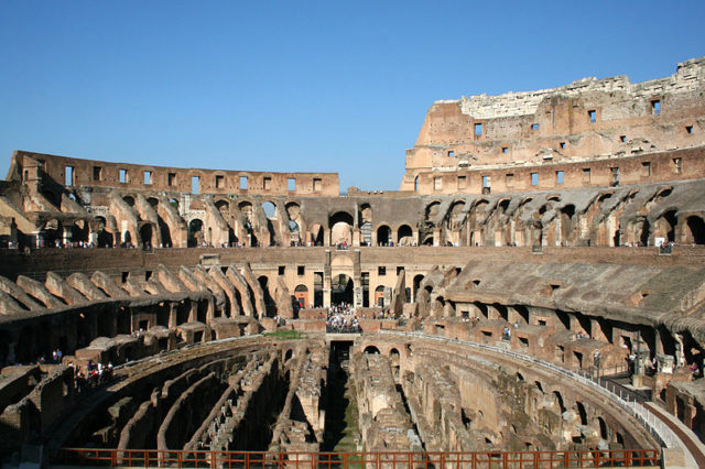 The Colosseum today, showing the hypogeum now filled with walls, which were added when the Romans decided to do away with mock naval battles. Photo Credit