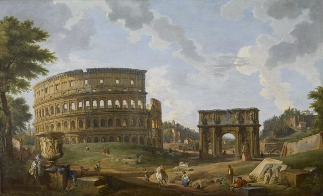 View of Rome in 1747 AD by Giovanni Paolo Panini, emphasizing the semi-rural environs of the Colosseum at the time