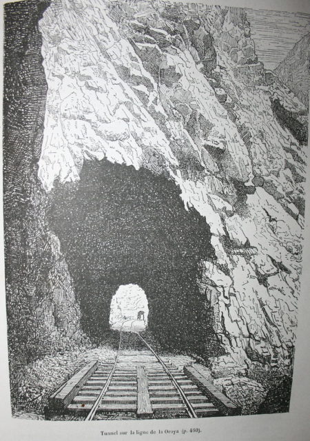 The drawing by Charles Wiener, “tunnel on the La Oroya line” in his book Pérou et Bolivie – Récit de voyage was used by Hergé in his album of Tintin “Le temple du Soleil”