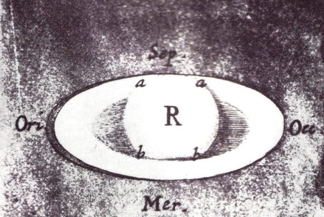 Hooke noted the shadows (a and b) cast by both the globe and the rings on each other in this drawing of Saturn