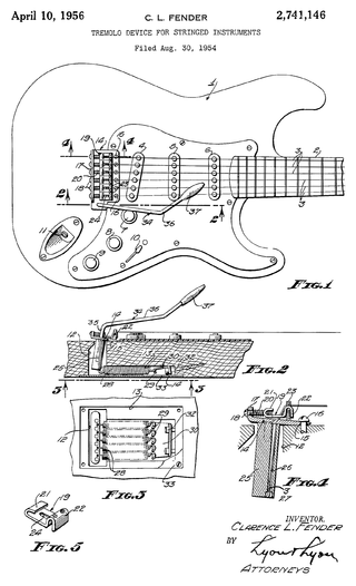Diagram showing the lever mechanism for patented by Leo Fender vibrato (requested in 1954).