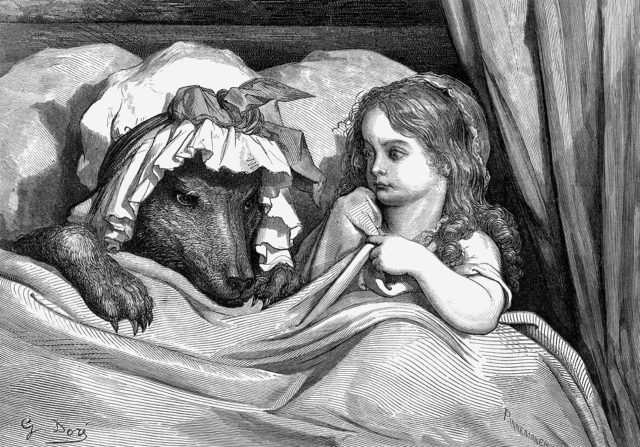 Gustave Doré’s engraving of a scene from “Little Red Riding Hood”: “She was astonished to see how her grandmother looked.” (1883)