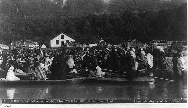 Indian visitors at a Potlatch in Kok-wol-too on the Chilkat River, about 1895