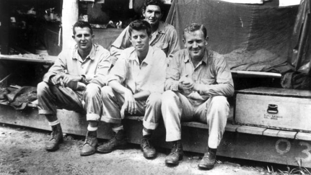 Tulagi, Solomon Islands. PT Boat Officers (L-R) James (“Jim”) Reed, John F. (“Jack”) Kennedy, George (“Barney”) Ross [rear], and Paul (“Red”) Fay.