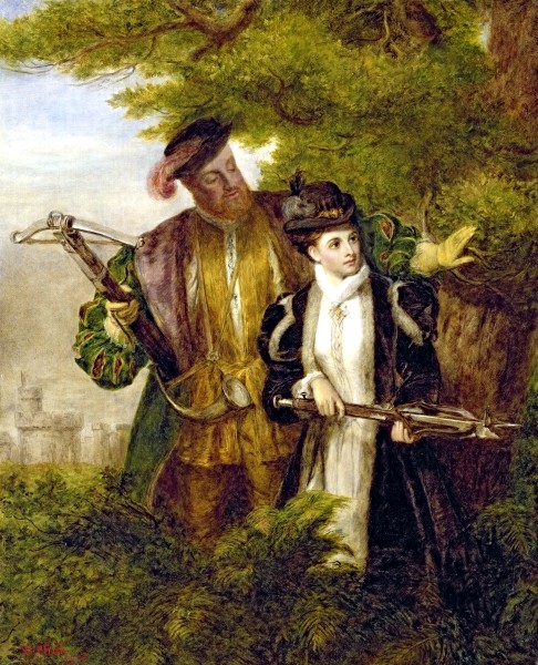 An early 20th-century painting of Anne Boleyn, depicting her deer hunting with Henry VIII.
