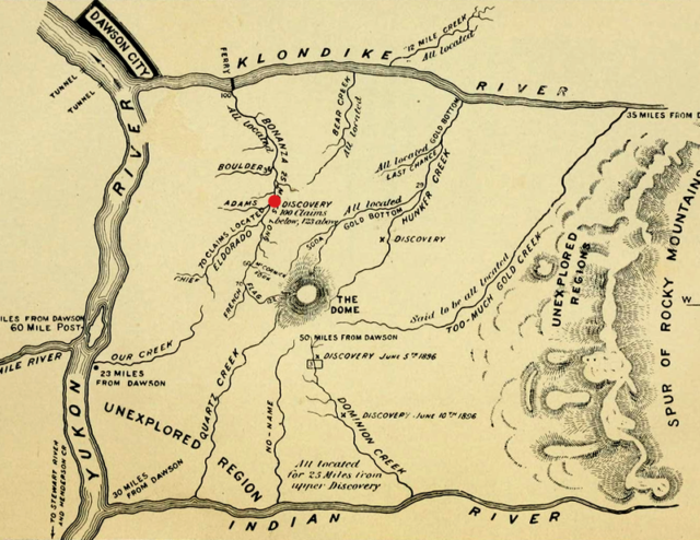 Map of goldfields with Dawson City and Klondike River at top. Red dot: discovery on Bonanza Creek