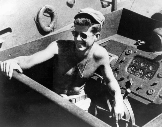 Lt. (jg) John F. Kennedy aboard the PT-109, Tulagi, Solomon Islands, South Pacific, 1943.