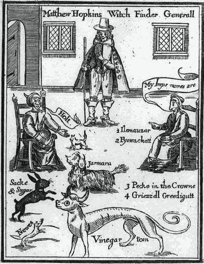 Frontispiece from Matthew Hopkins’ The Discovery of Witches (1647), showing witches identifying their familiar spirits.